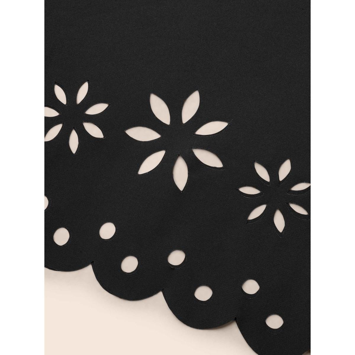 Plus Size Black Laser Cut Color Contrast V-Neck Blouse Women At the Office Elbow-length sleeve V-neck Work Blouses BloomChic 18-20/2X Product Image