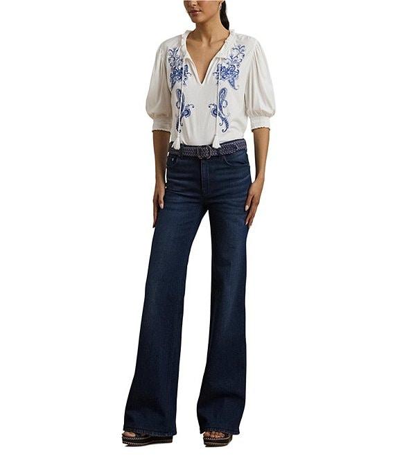Lauren Ralph Lauren Ruffle Knit Jersey Paisley Floral Split V-Neck 3/4 Puff Sleeve Smocked Embroidered Top Product Image