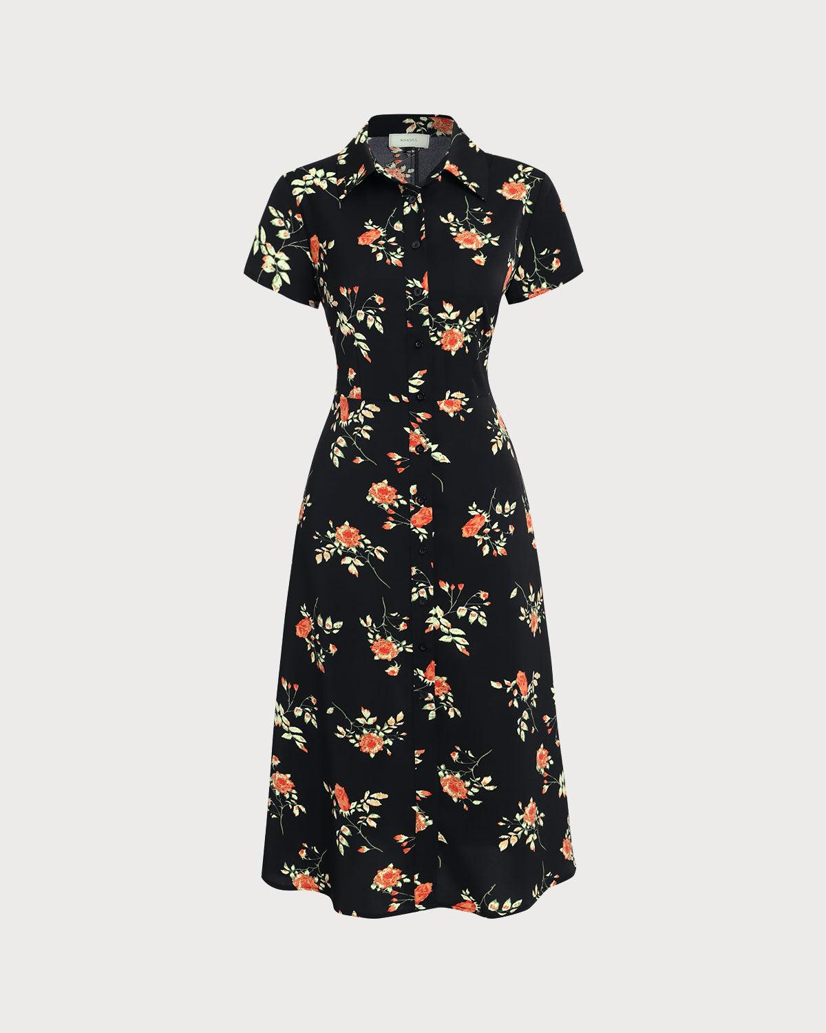 Black Floral Button A-Line Midi Dress Product Image