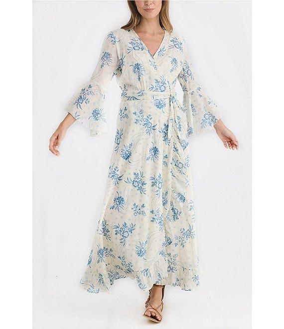 Talisman Carly Bluebell Woven Floral Print V-Neck 3/4 Bell Sleeve Wrap Maxi Dress Product Image