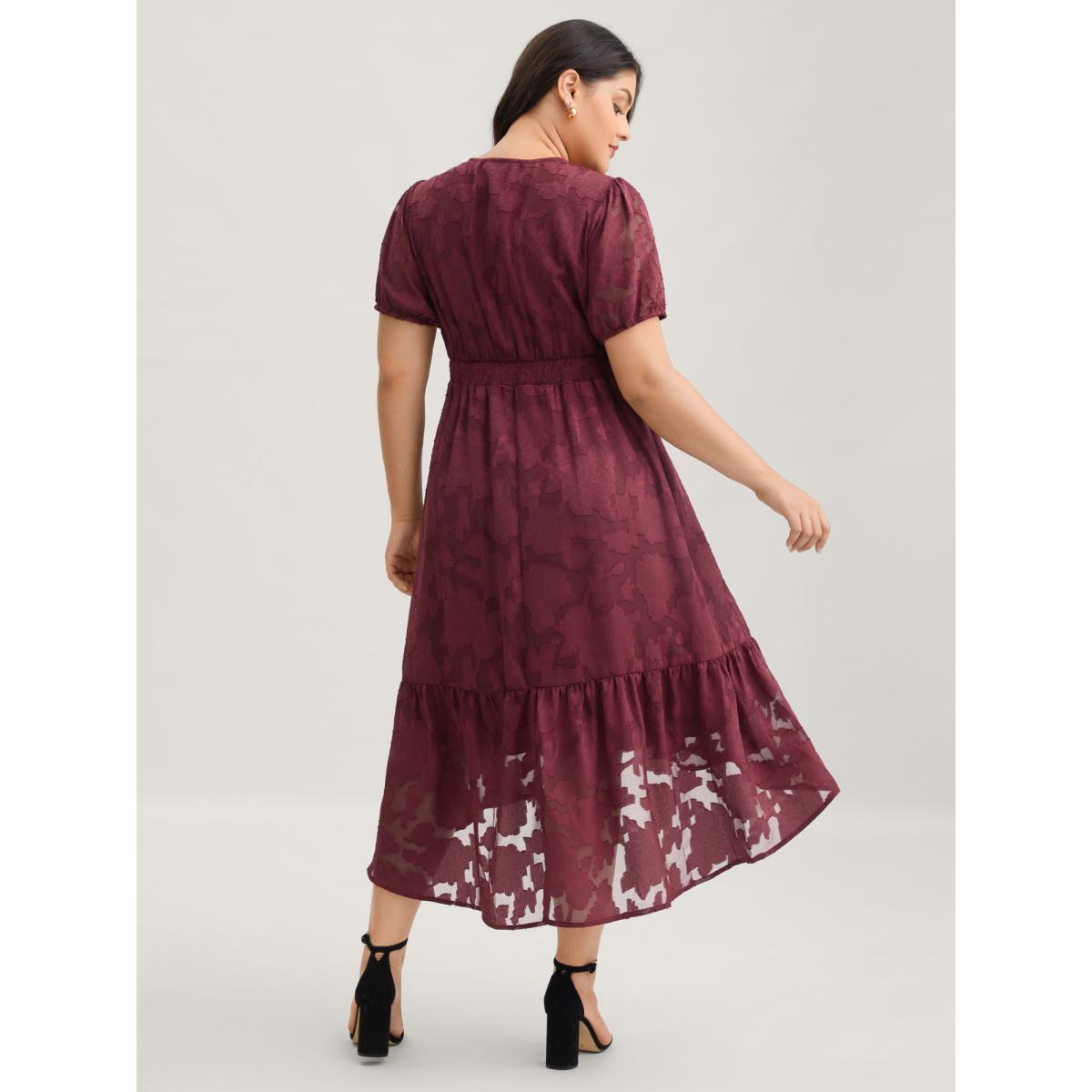 Plus Size Solid Textured Lantern Sleeve Button Detail Dress Burgundy Women Romantic Button V-neck Short sleeve Curvy BloomChic 18-20/2X Product Image