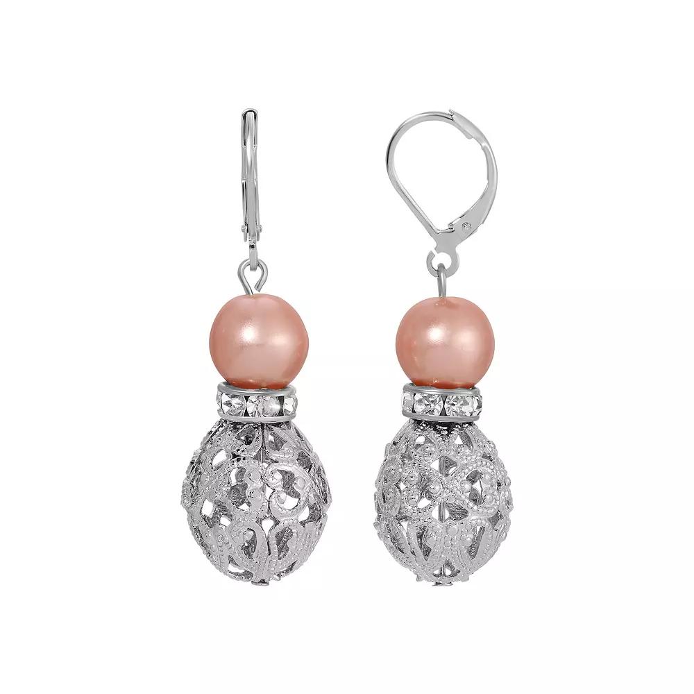 1928 Silver Tone Filigree Faux Pearl Drop Earrings, Womens, Beige Product Image