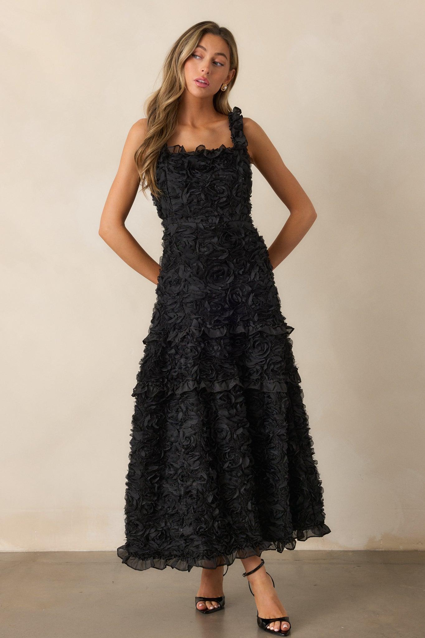 Something Good Black Floral Applique Maxi Dress Product Image