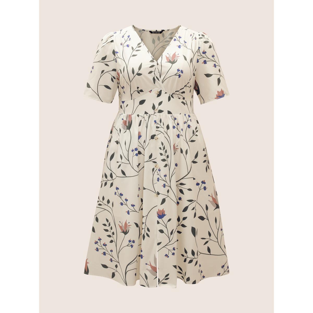 Plus Size Plants Print Elastic Waist Gathered Wrap Dress WhiteSmoke Women Elegant Non Overlap Collar Short sleeve Curvy Midi Dress BloomChic 18-20/2X Product Image