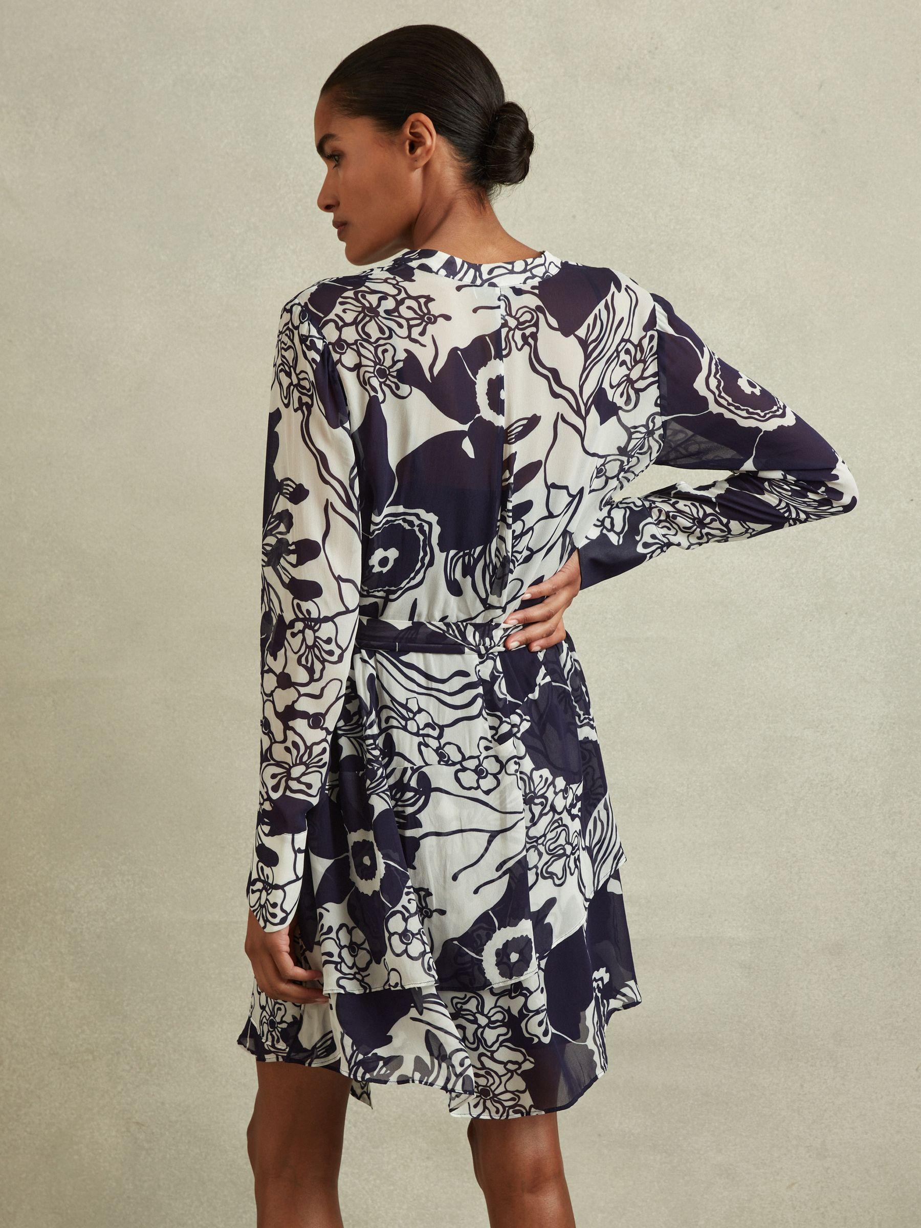 Printed Belted Mini Dress in Navy/Cream Product Image