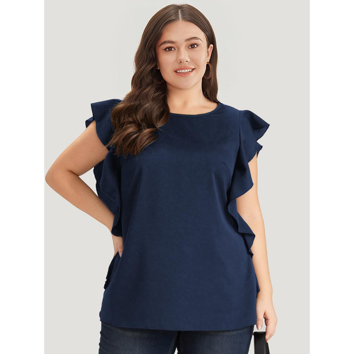Plus Size Indigo Solid Crew Neck Ruffle Trim Blouse Women Office Cap Sleeve Round Neck Work Blouses BloomChic 12/L Product Image