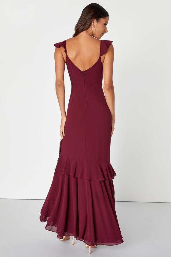 Charming Event Burgundy Asymmetrical Ruffled Maxi Dress Product Image