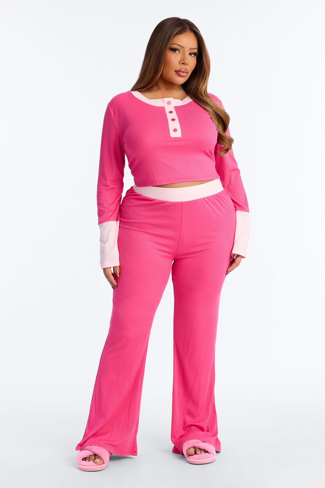 Still Napping Ribbed Long Sleeve PJ Pant Set - Hot Pink Female Product Image