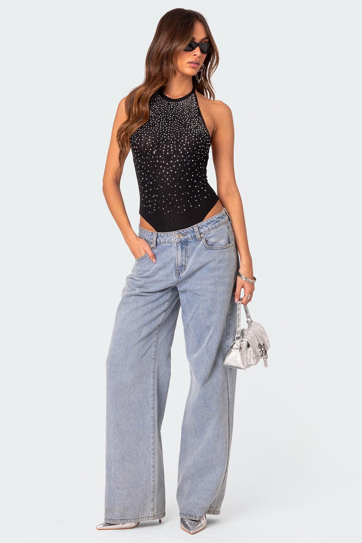 Open Back Mesh Rhinestone Bodysuit Product Image