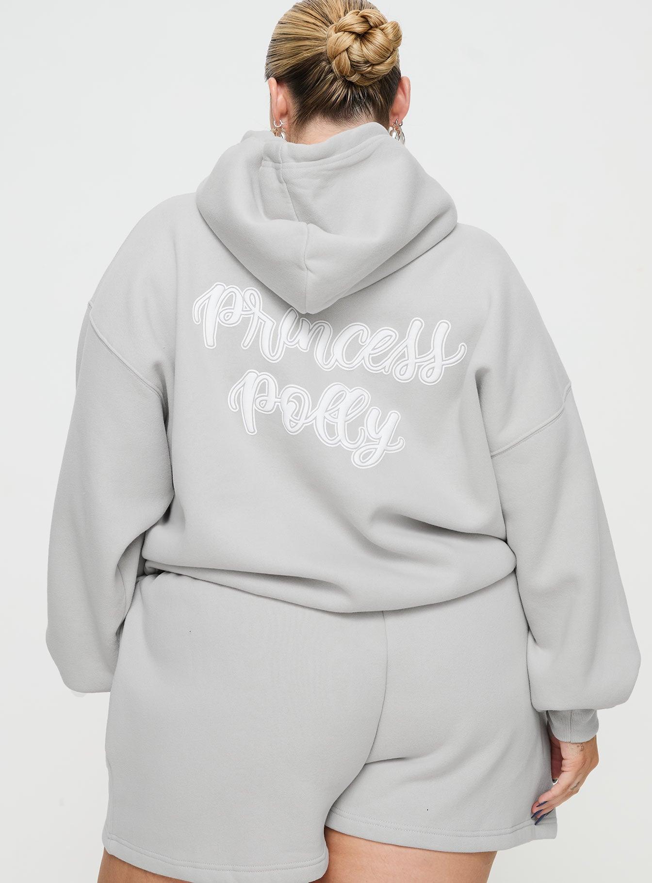 Princess Polly Hooded Sweatshirt Puff Text Grey Curve Product Image