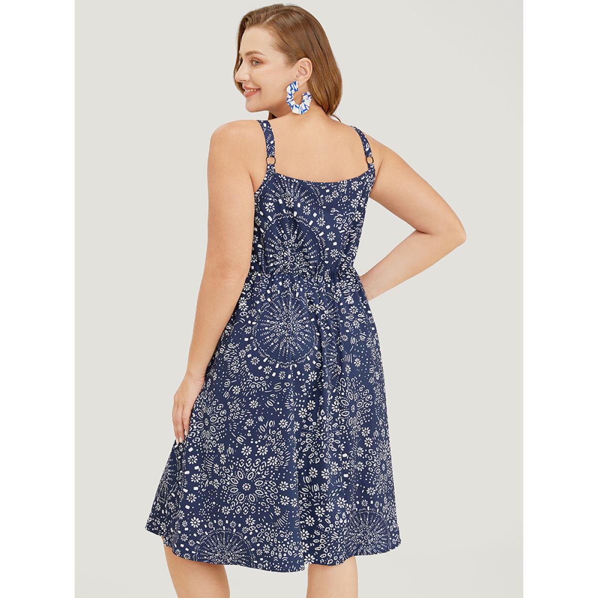 Plus Size Moroccan Print Pocket Button Detail Cami Dress Indigo Women Vacation Adjustable Straps V-neck Sleeveless Curvy Knee Dress BloomChic 12/L Product Image