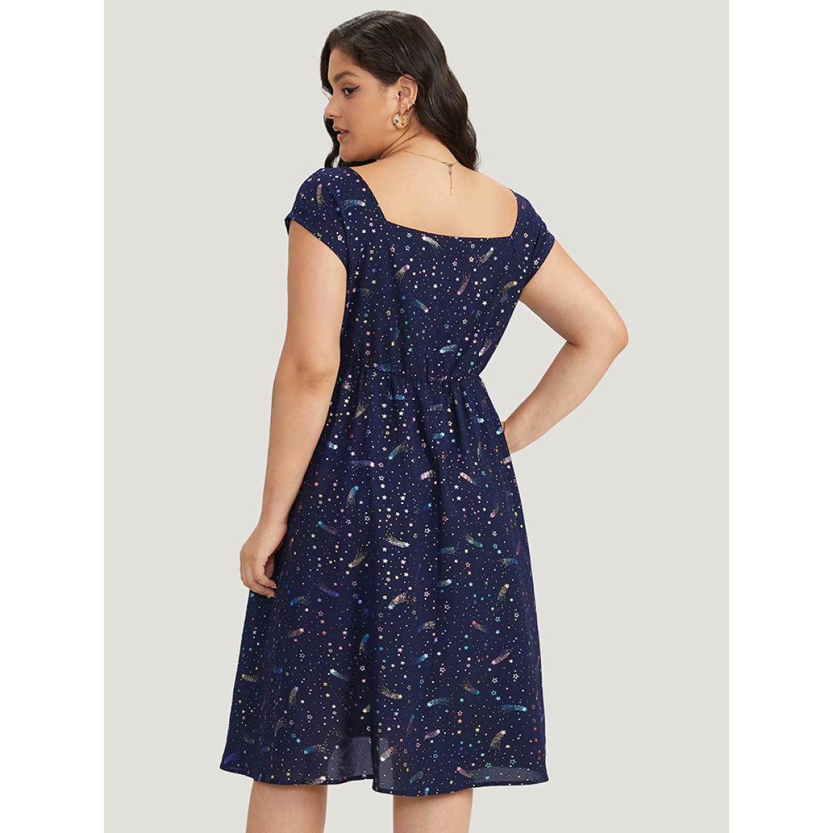 Plus Size Star Glitter Pocket Ruched Square Neck Dress Navy Women Elegant Gathered Square Neck Sleeveless Curvy Midi Dress BloomChic 14-16/1X Product Image