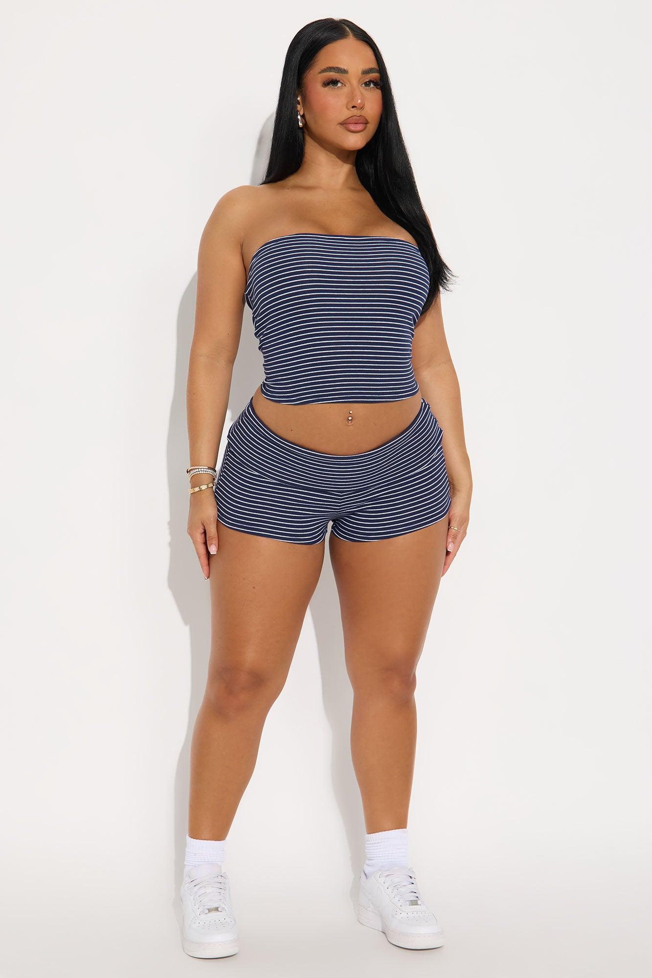 Sammie Stripe Foldover Waist Short Set - Navy Product Image