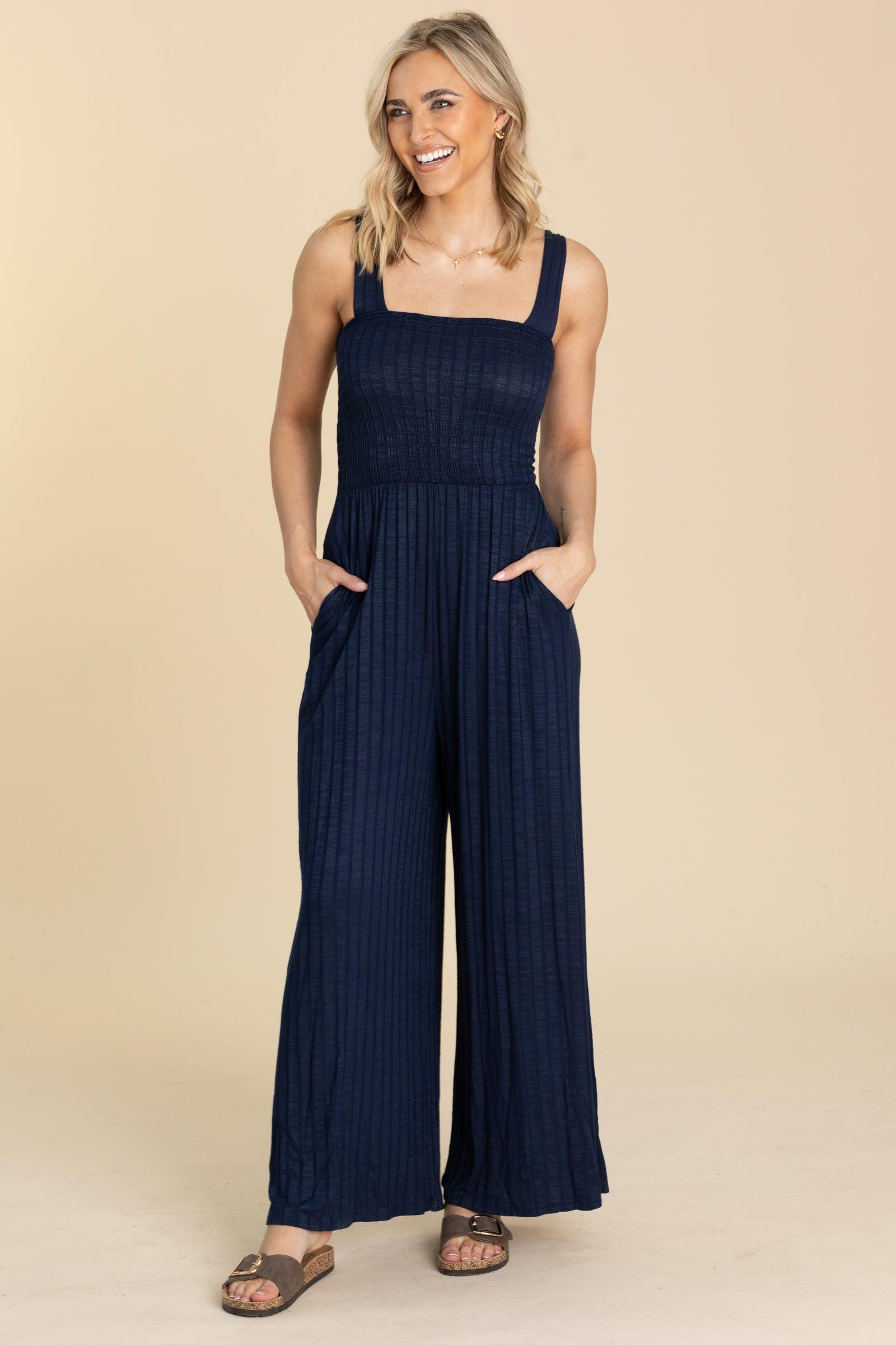 Navy Wide Leg Smocked Bodice Jumpsuit Product Image