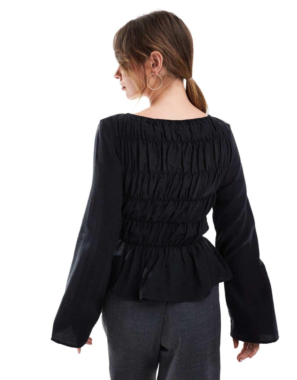 ASOS DESIGN modal shirred blouse in black Product Image