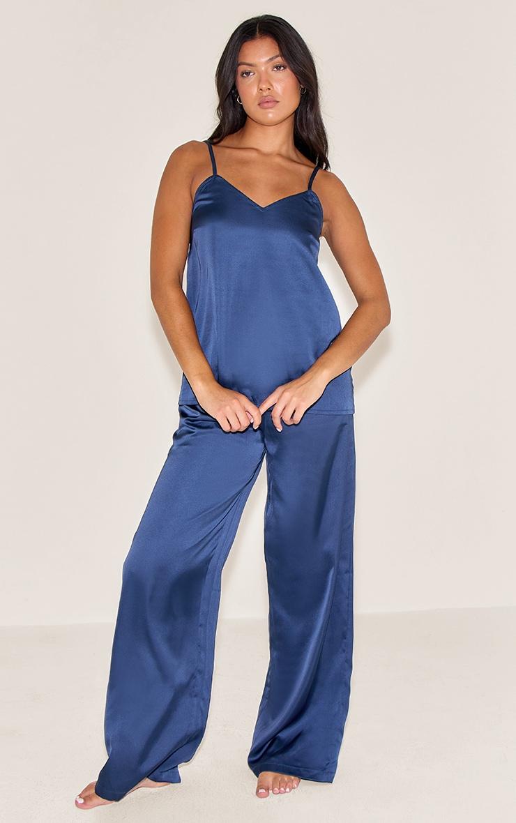 Navy Satin Cami And Pant Pj Set Product Image