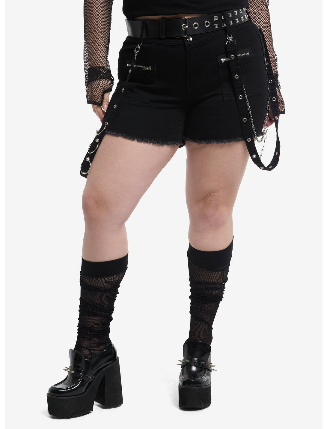 Black Gothic Chains Belted Denim Shorts Plus Size Product Image