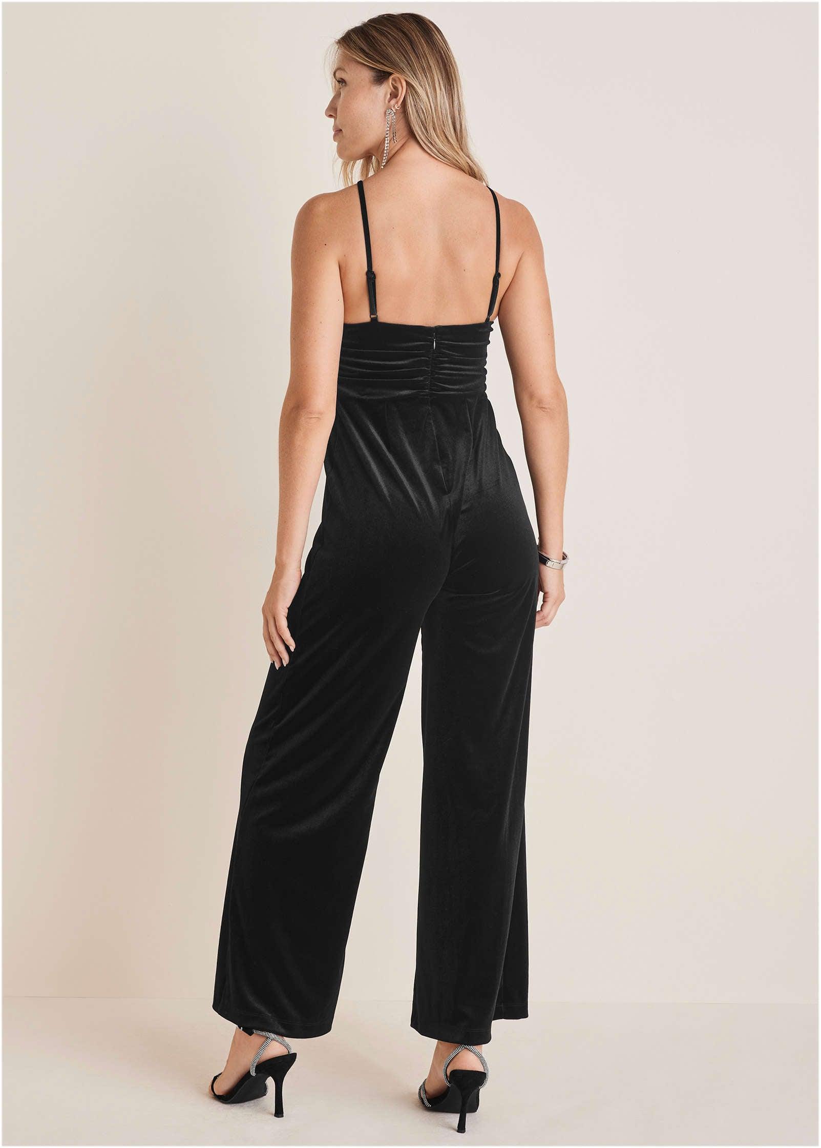 Stretch Velvet Halter Jumpsuit - Black Product Image