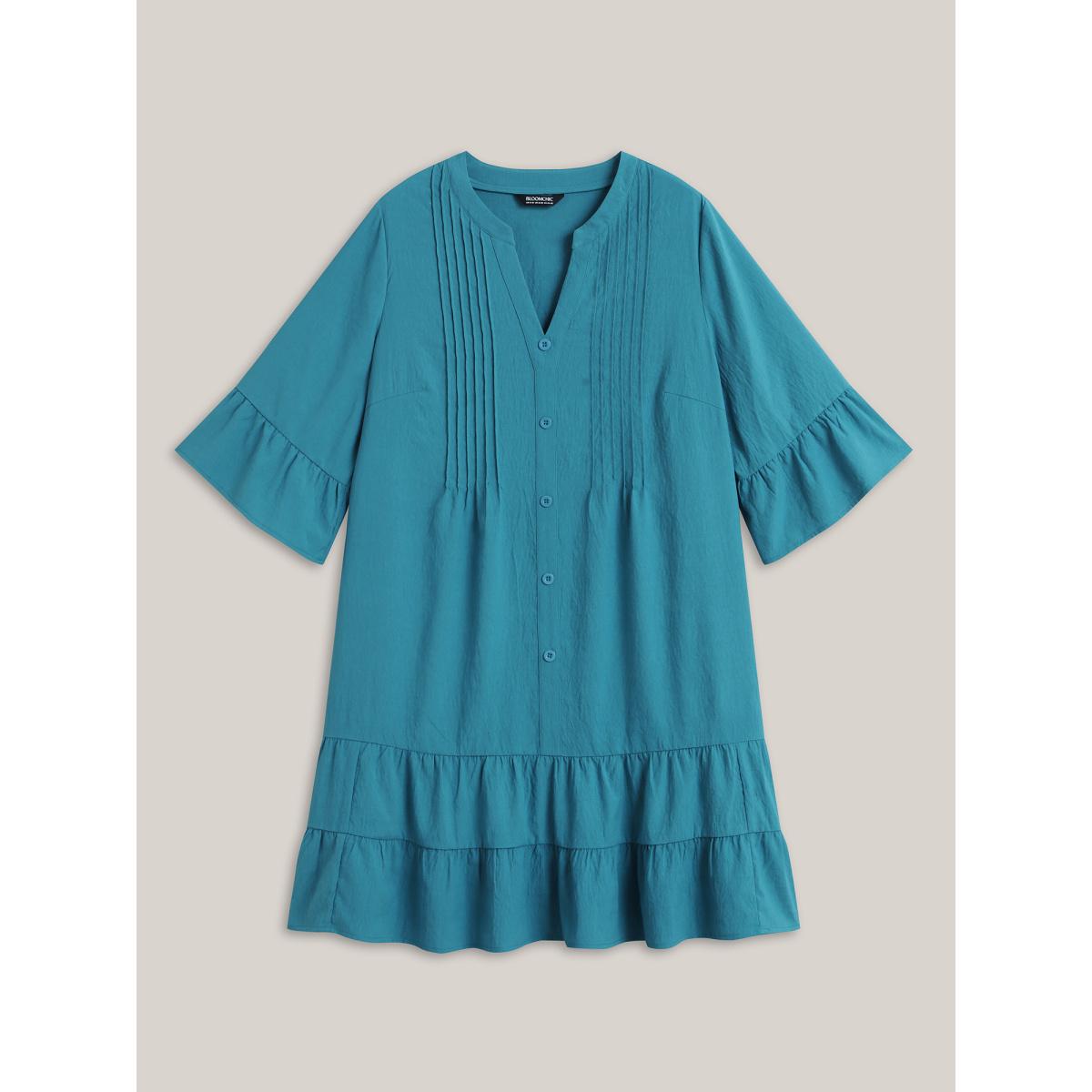 Plus Size Toothpick Pleat Relaxed Fit Tiered Midi Dress Cerulean Women Flat collar with V-notch Elbow-length sleeve Curvy BloomChic 18-20/2X Product Image