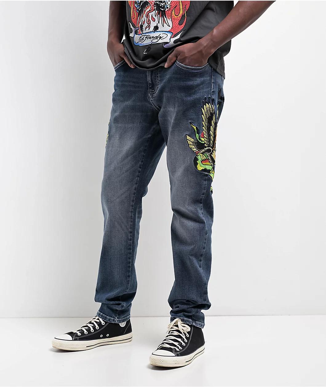 Ed Hardy Eagle Snake Slim Straight Y2K Med Blue Denim Jeans Product Image