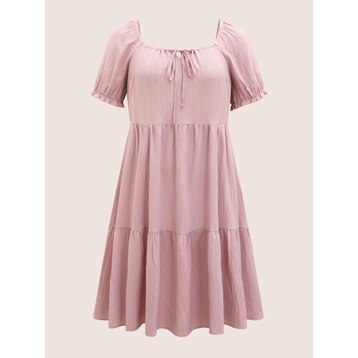 Plus Size Square Neck Textured Ruffle Layered Hem Dress Beanpastepowder Women Casual Tie knot Square Neck Short sleeve Curvy BloomChic 22-24/3X Product Image