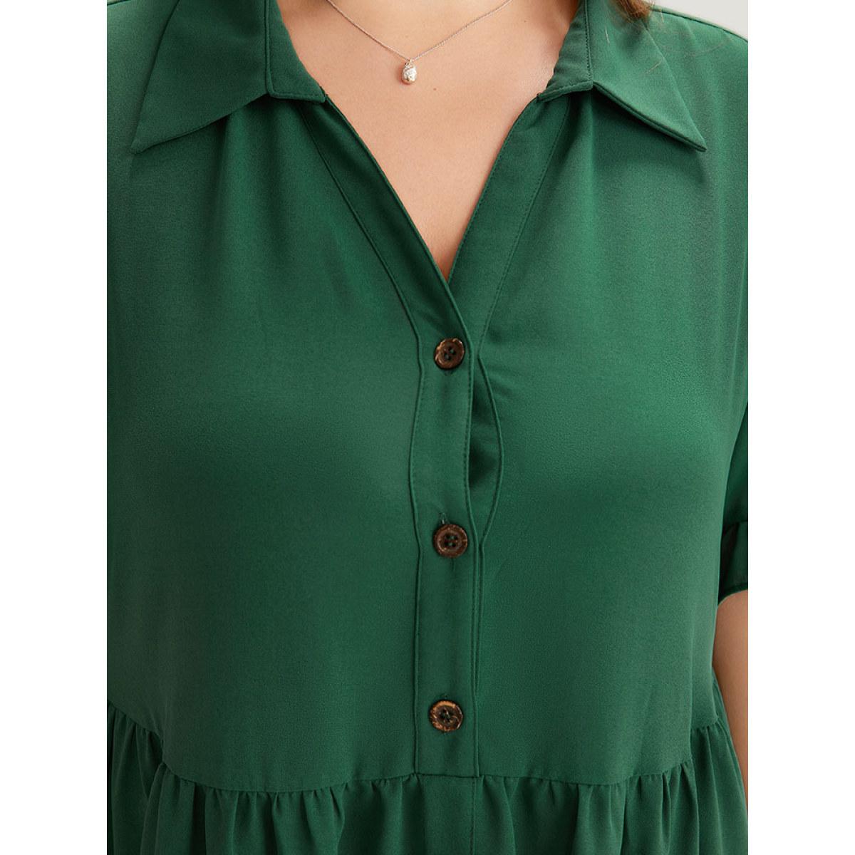 Plus Size Plain Ruffles Pocket Button Up Pleated Frill Trim Dress Emerald Women Casual Plain Lapel Collar Short sleeve Curvy Midi Dress BloomChic 28/5X Product Image
