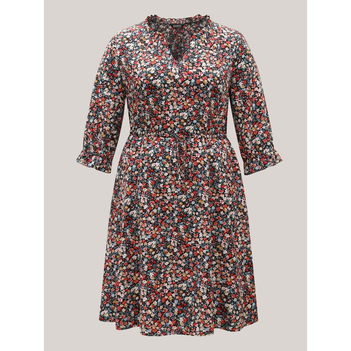 Plus Size Floral Print Drawstring Pockets Flared Midi Dress Black Women Timeless Drawstring Notched collar Elbow-length sleeve Curvy BloomChic 26/4X Product Image