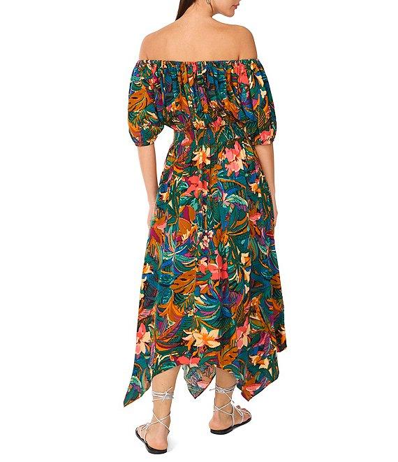 Vince Camuto Woven Off-The-Shoulder Bubble Sleeve Smocked Embroidered Blouson Maxi Dress Product Image