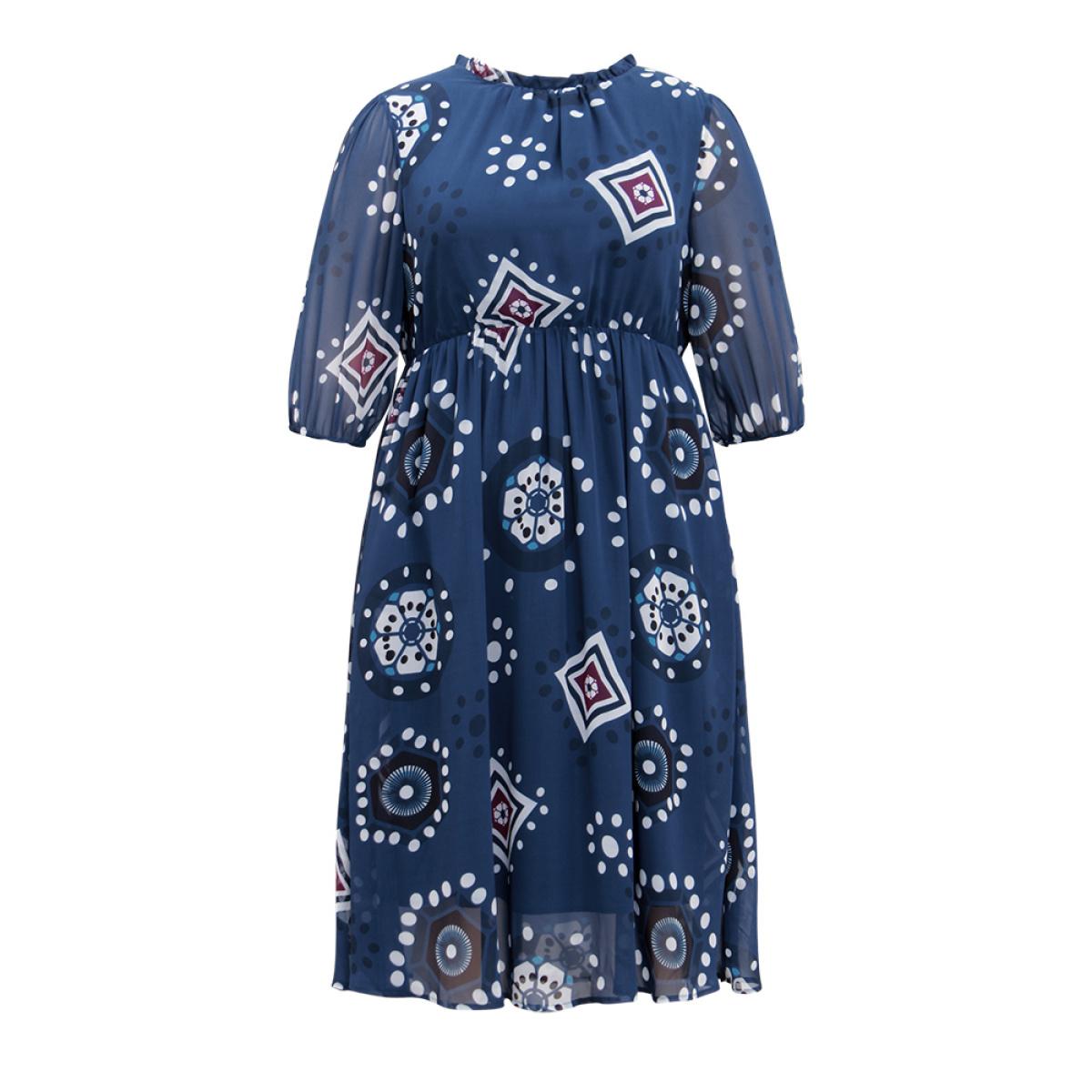 Plus Size Geometric Mesh Stand Collar Frill Trim Dress DarkBlue Women Vacation Elastic cuffs Stand-up collar Elbow-length sleeve Curvy Midi Dress BloomChic 26/4X Product Image