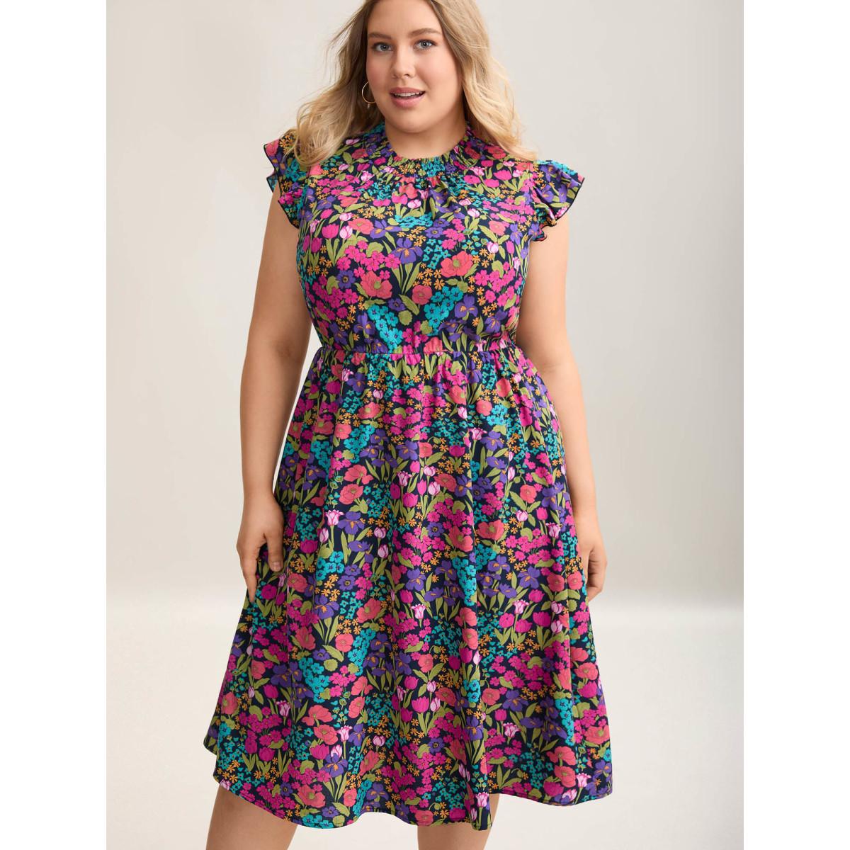 Plus Size Floral Print Shirred Pockets Midi Dress Indigo Women Romantic Frill Trim Mock Neck Cap Sleeve Curvy BloomChic 28/5X Product Image
