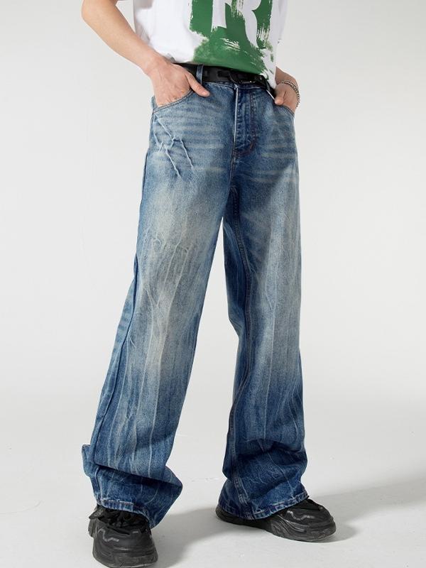Retro Straight Style Distressed Washed Loose Jeans Product Image