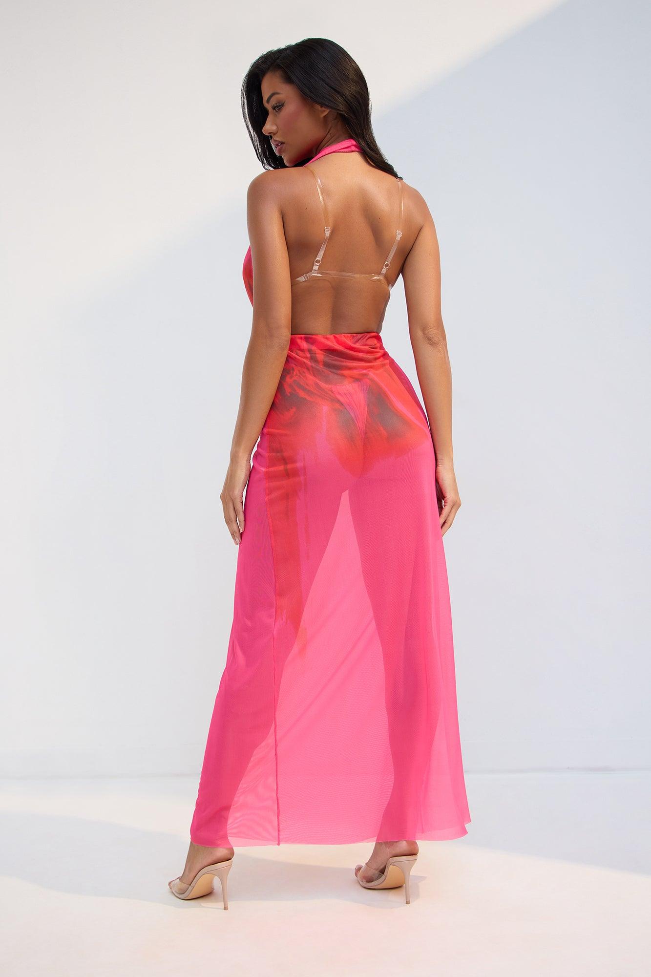 Jasmine Cowl Neck Mesh Cover Up Maxi Dress - Red/combo Product Image