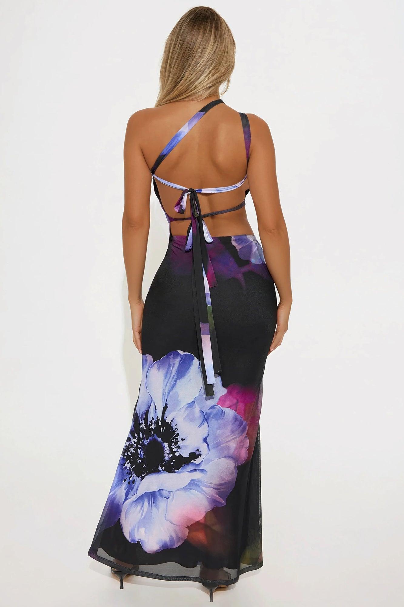 Tropical Getaway Floral Printed Maxi Skirt Set - Black/Purple Product Image