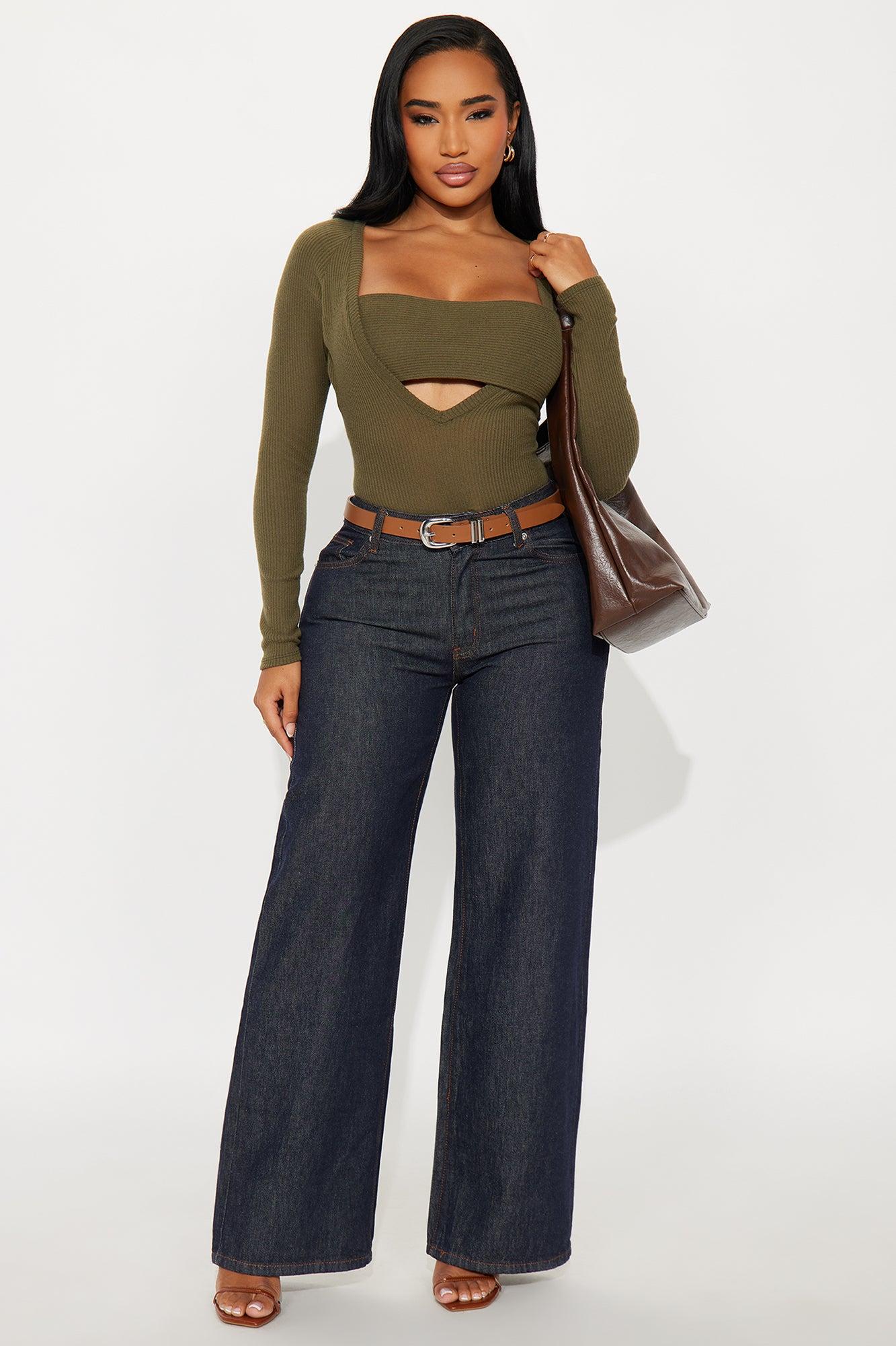 Jean Long Sleeve Ribbed Bodysuit - Olive Female Product Image