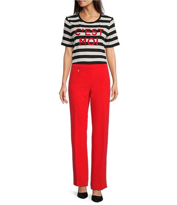 KARL LAGERFELD PARIS Stretch Knit Stripe Print Crew Neck Short Sleeves Tee Product Image