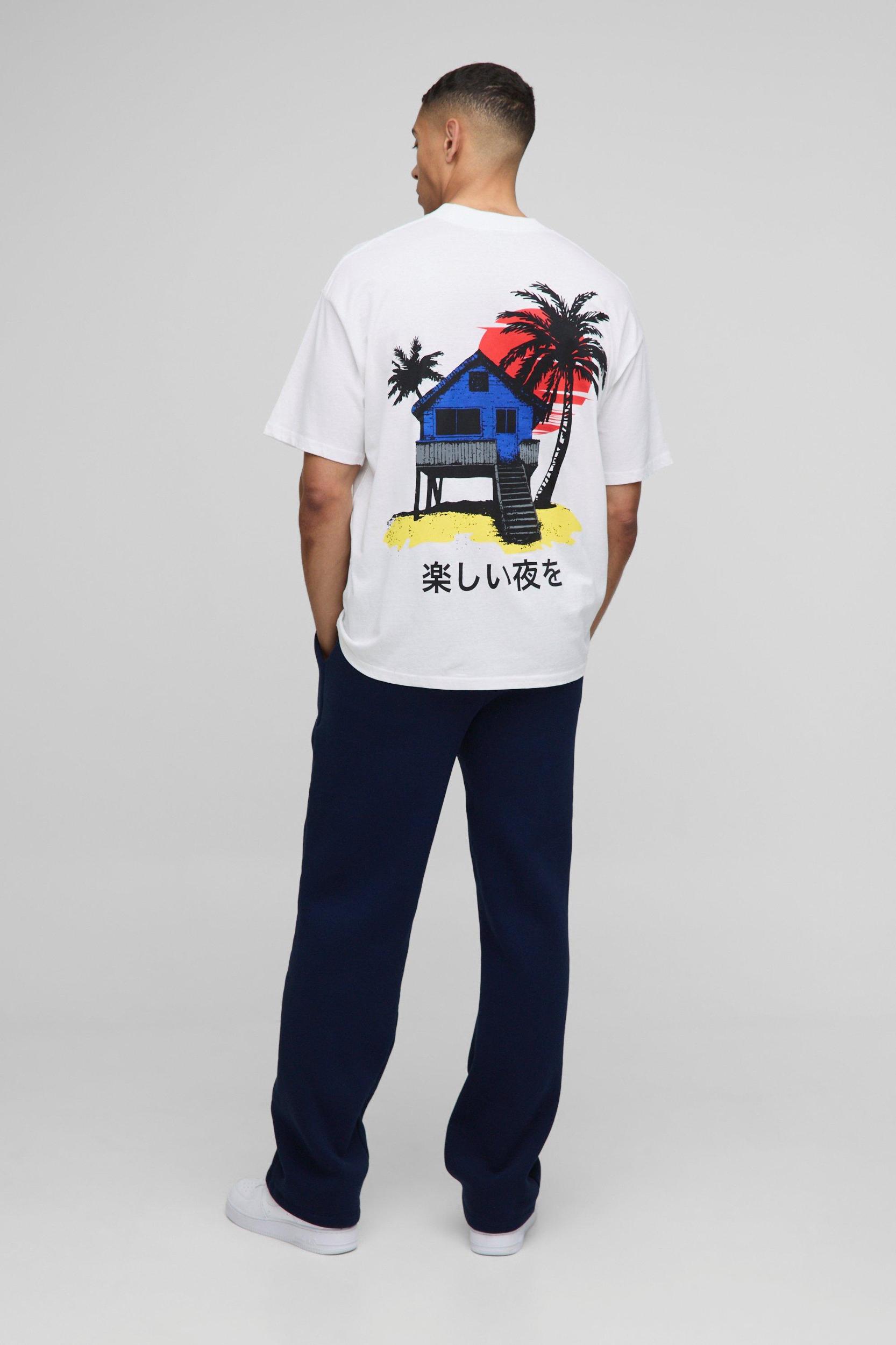 Oversized Extended Neck Beach House Landscape Shadow Print T-shirt | boohooMAN USA Product Image