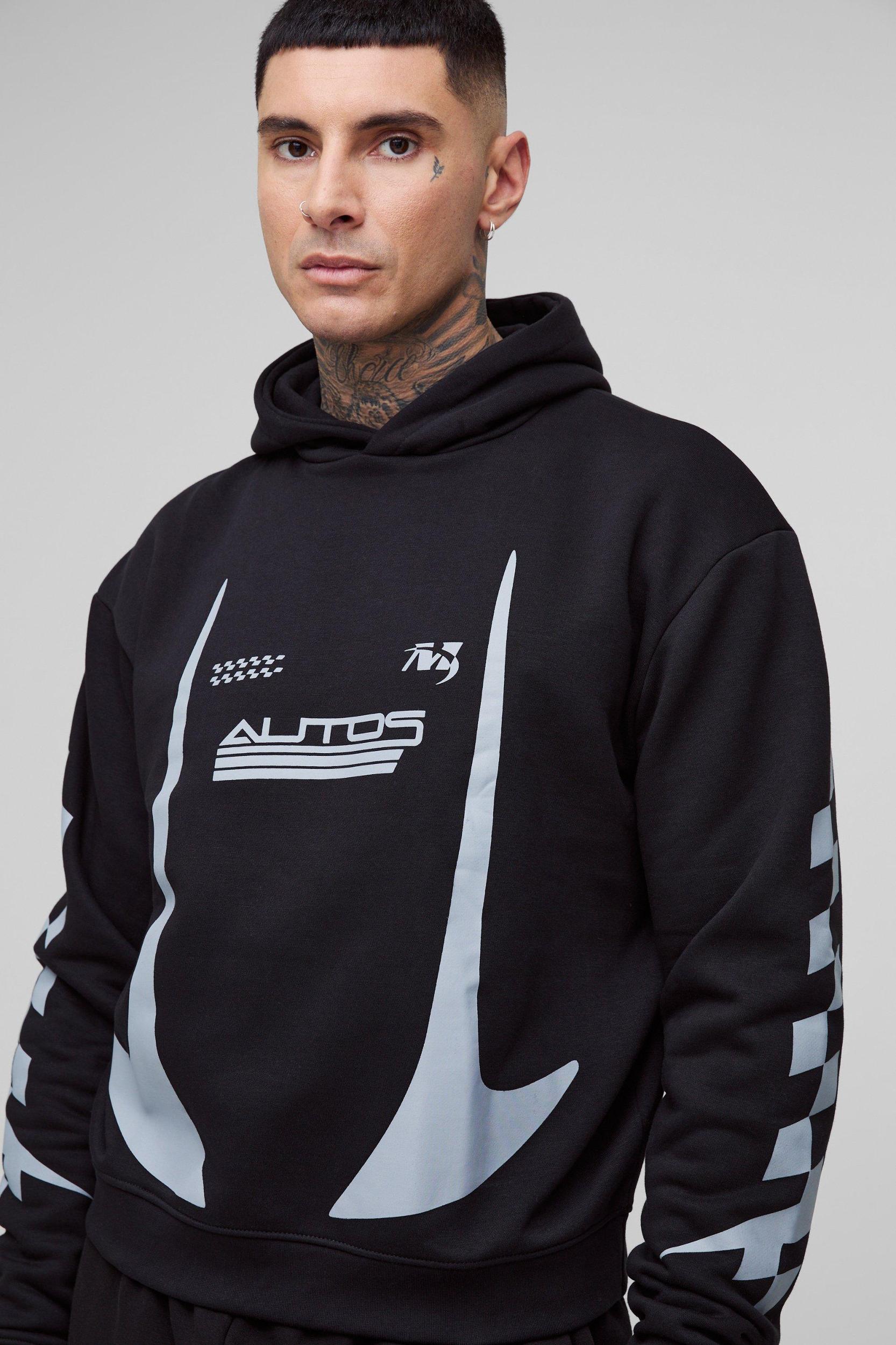 Tall Oversized Boxy Moto Print Hoodie | boohooMAN USA Product Image