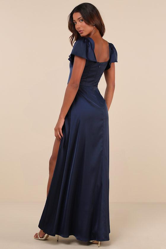 Ultimate Sweetness Navy Blue Satin Flutter Sleeve Maxi Dress Product Image