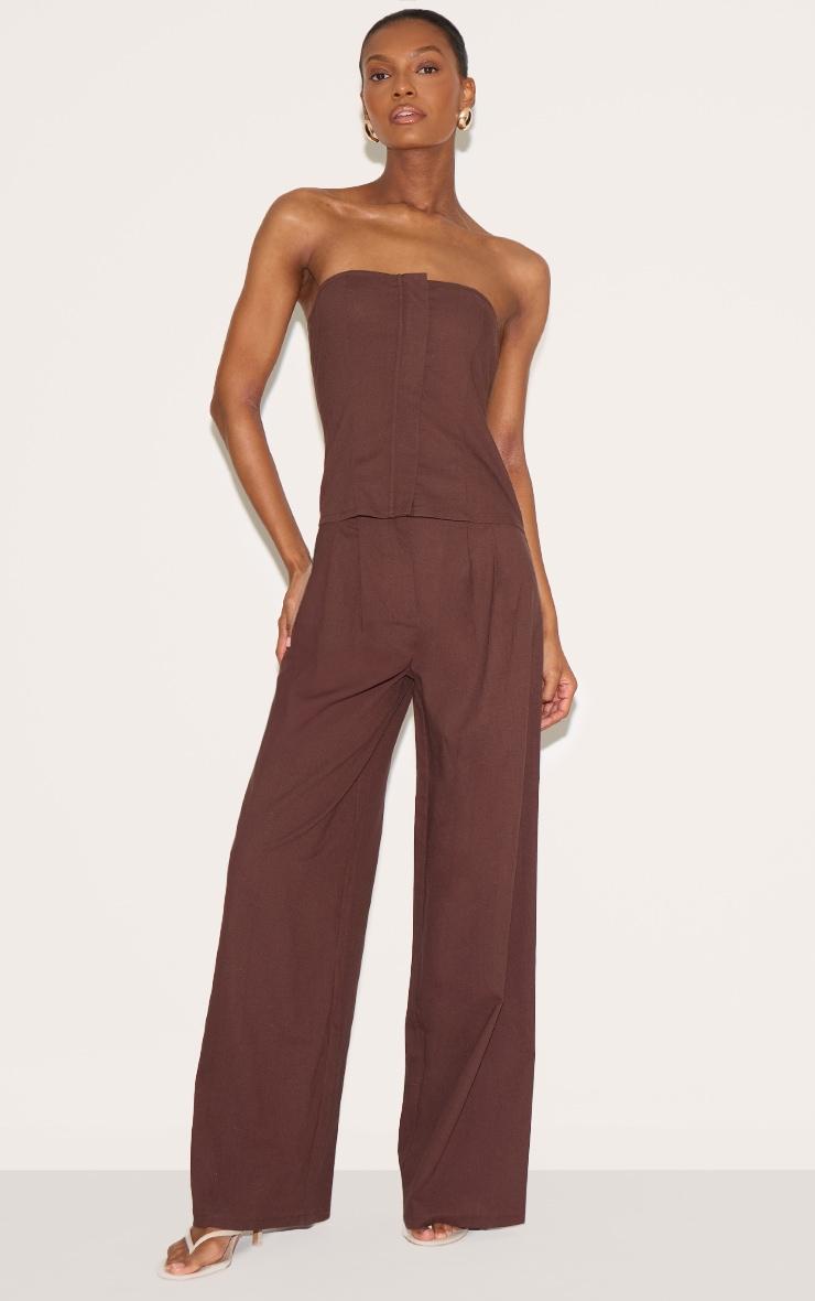 Chocolate Linen Blend Tailored Bandeau Wide Leg Jumpsuit Product Image