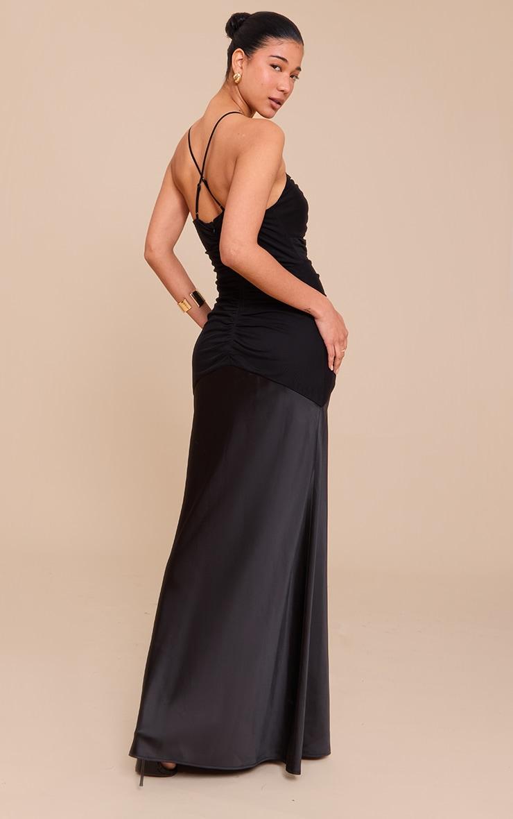 Black Ruched Detail Satin Maxi Slip Dress Product Image