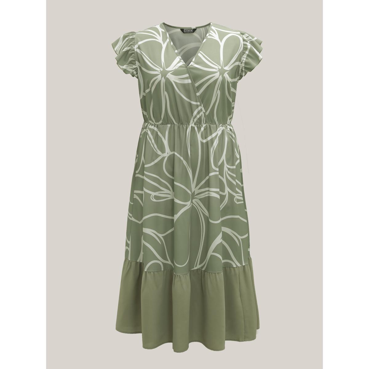 Plus Size Abstract Floral Print Ruffled Sleeve Maxi Dress Sage Women Elegant Ruffles Overlap Collar Cap Sleeve Curvy BloomChic 22-24/3X Product Image