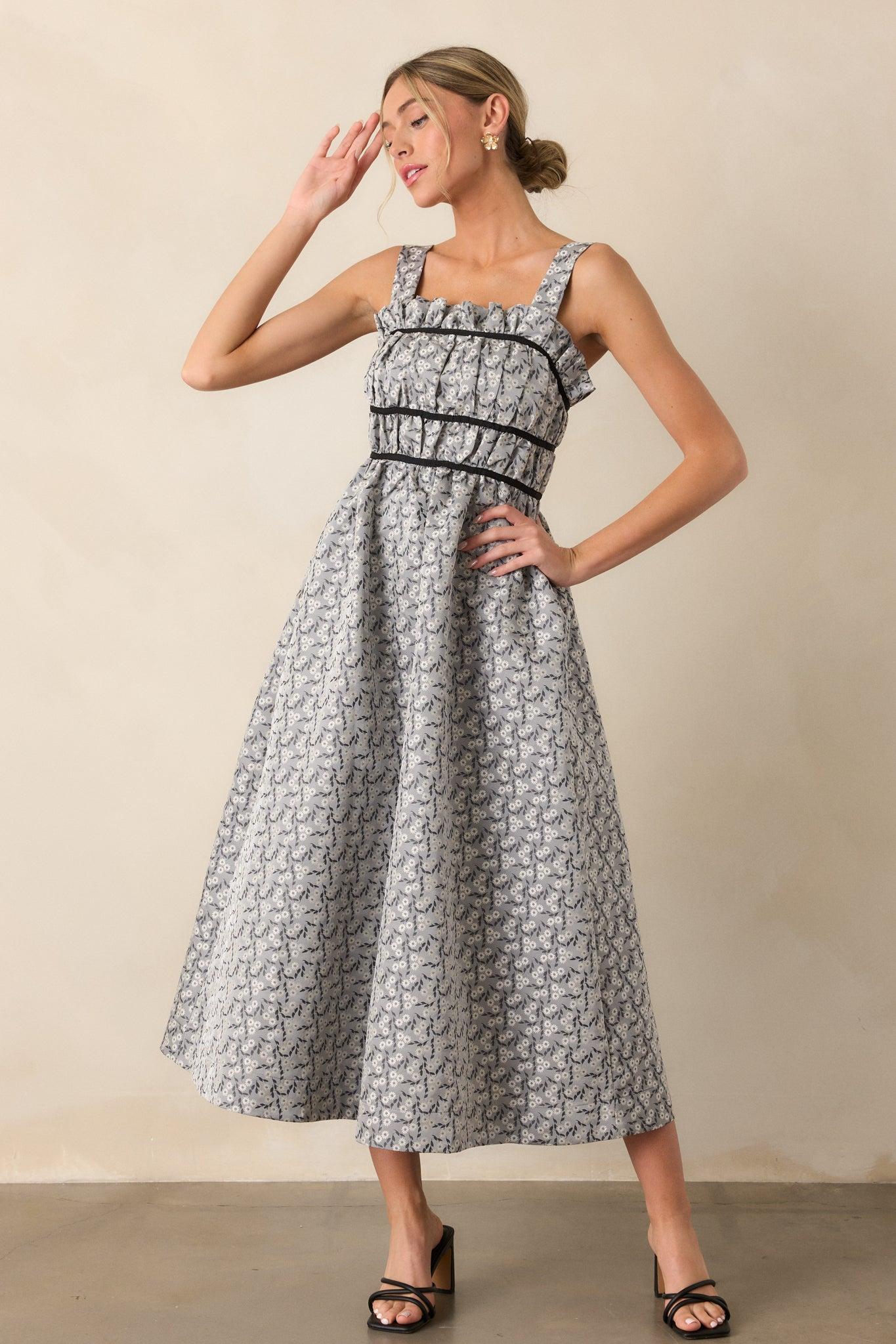 Moment In Time Light Grey Floral Midi Dress Product Image