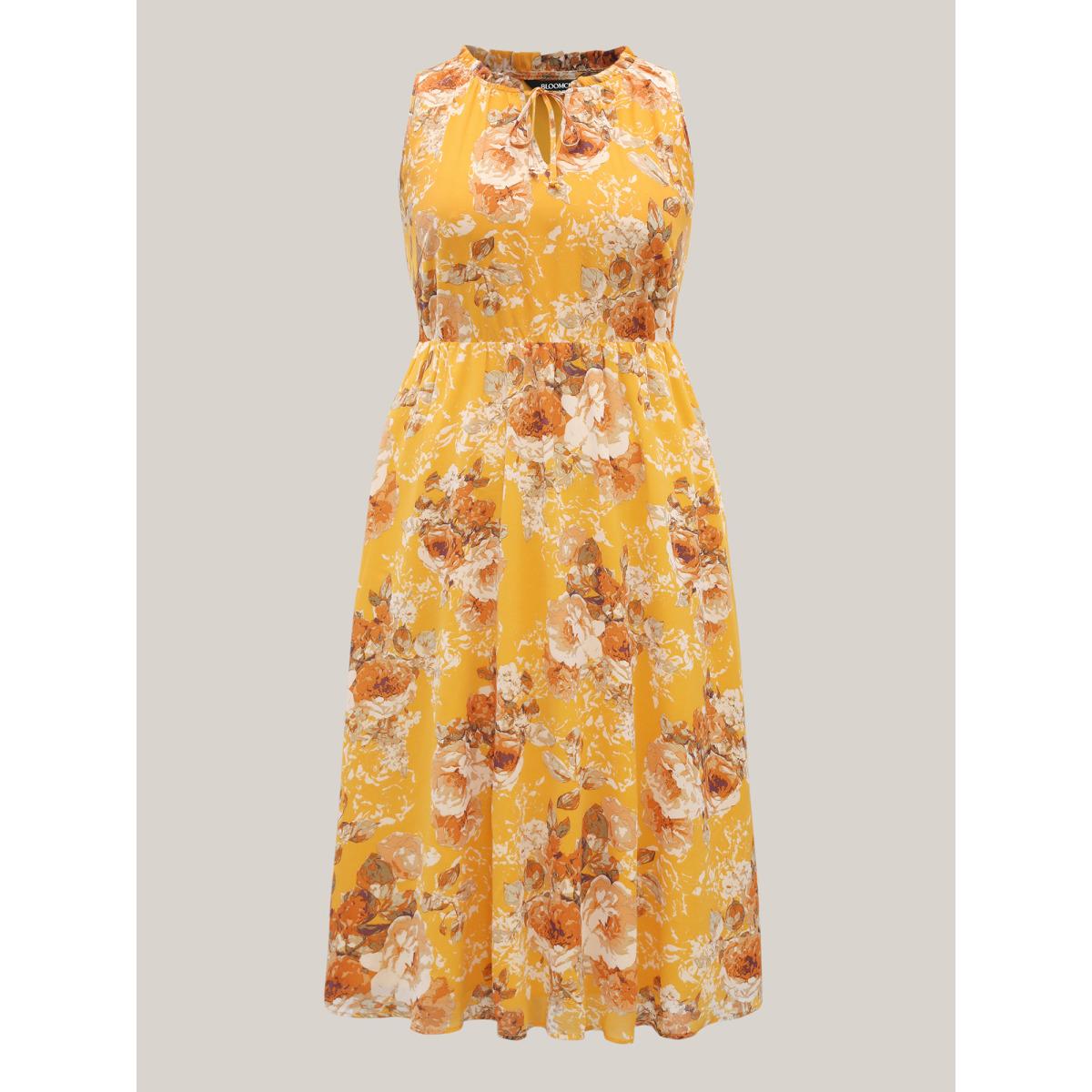 Plus Size Sunny Floral Petal Trim Neck Midi Dress Turmeric Women Notched collar Sleeveless Curvy BloomChic 22-24/3X Product Image