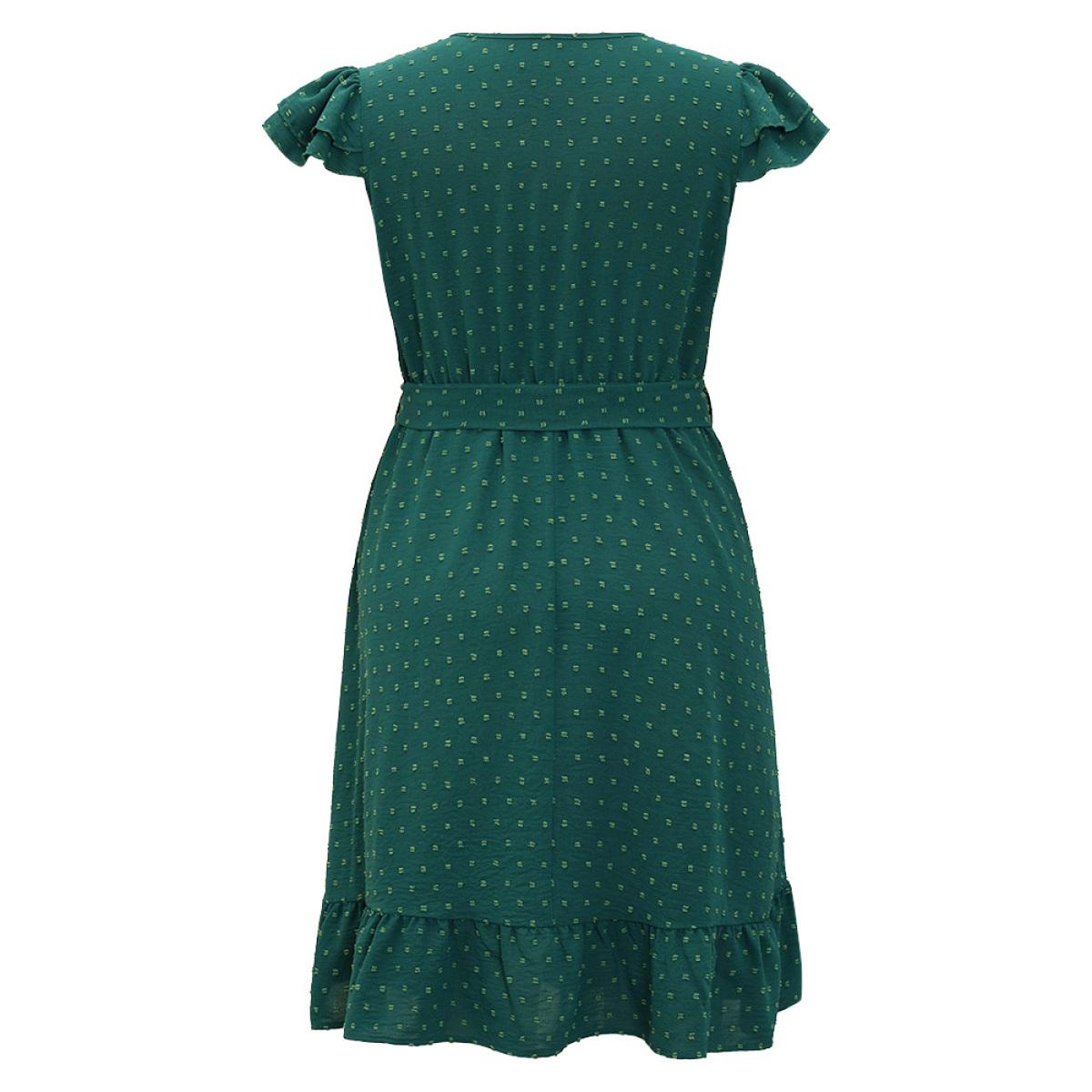 Plus Size Polka Dot Layered Sleeve Pocket Button Up Belted Flutter Dress Green Women Elegant Button V-neck Cap Sleeve Curvy Knee Dress BloomChic 30/6X Product Image