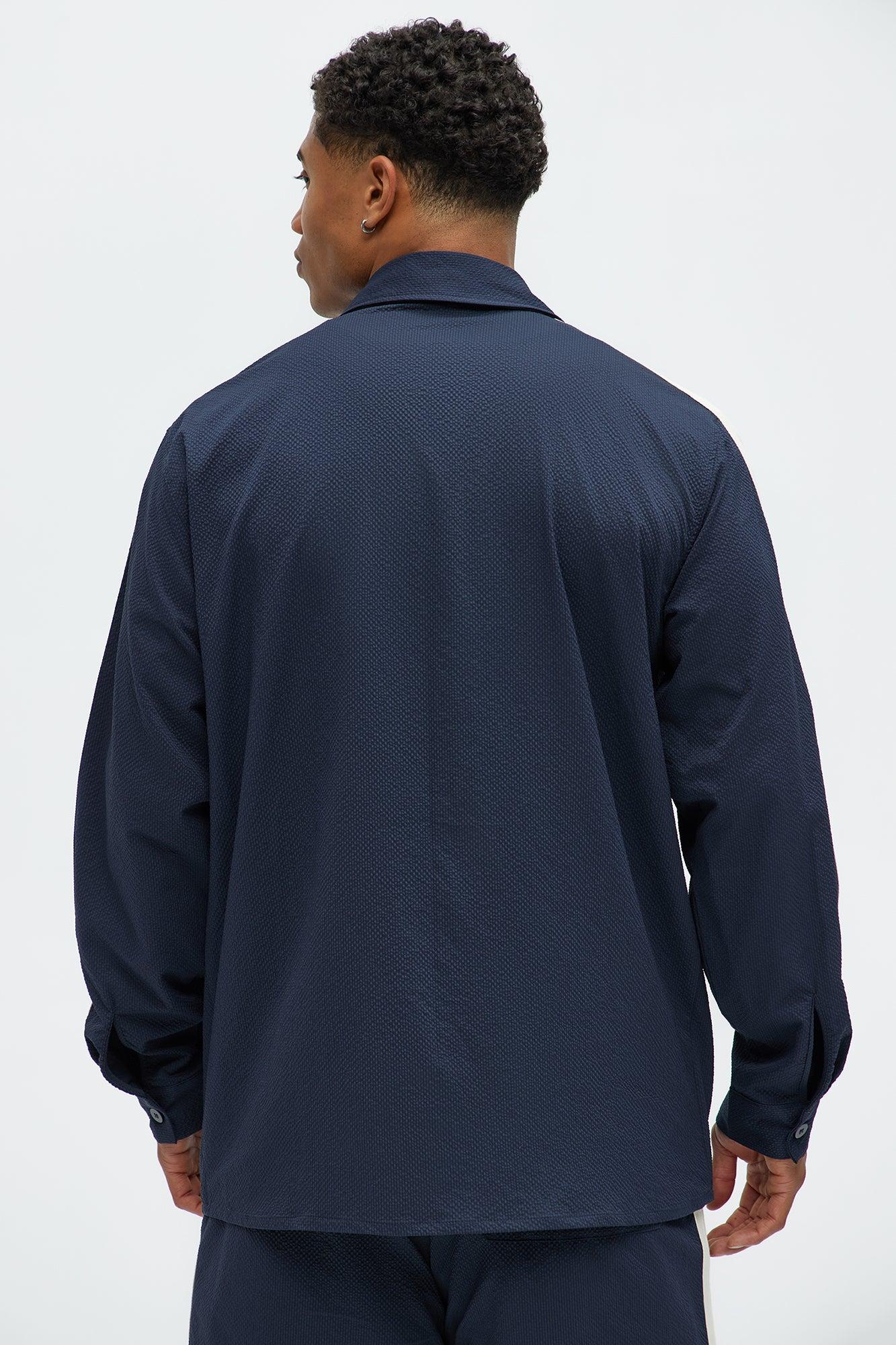 Crinkle Texture Taped Button Up - Navy Product Image