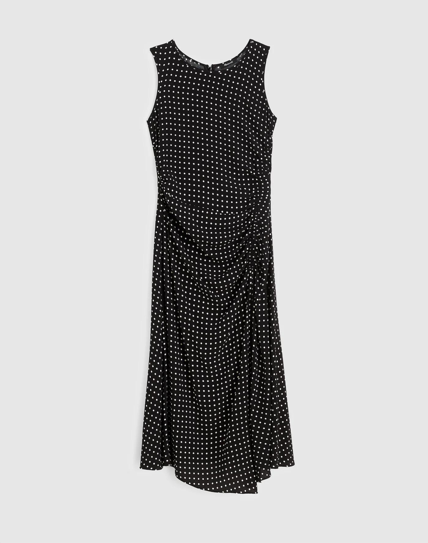 Asymmetrical Ruched Midi Dress in Dot Product Image