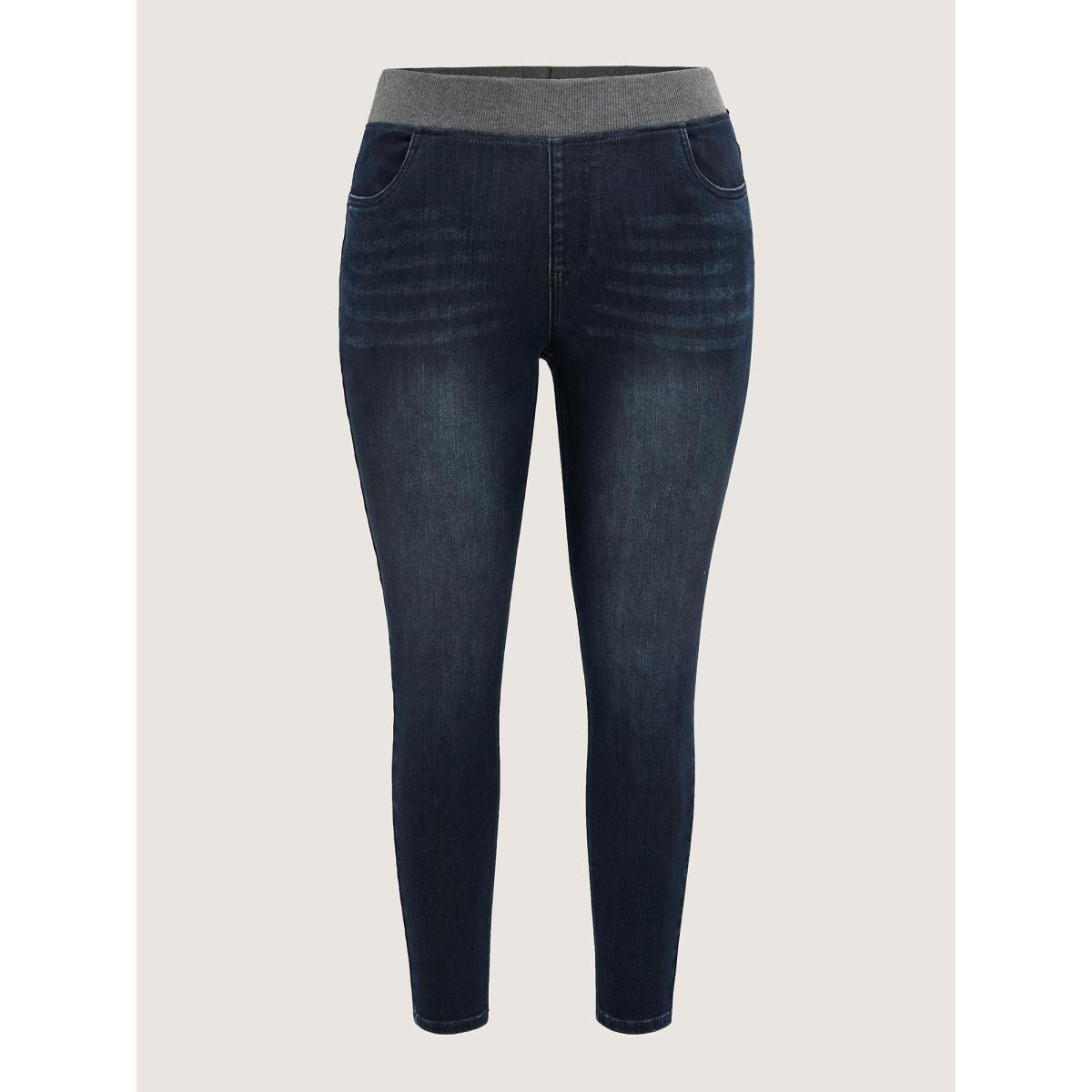 Plus Size Stretchy Whiskered Waist Skinny Knit Jeans Women Darkindigo Leisure Medium stretch Slanted pocket Jeans BloomChic 24/3X Product Image