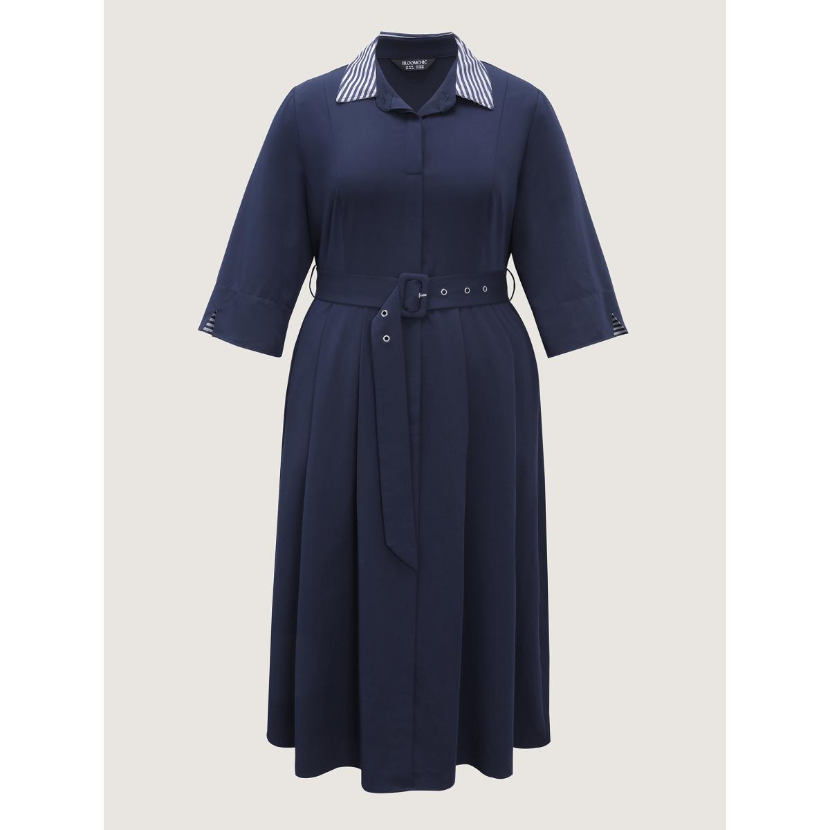 Plus Size Color Contrast Cuffs Belted Midi Dress DarkBlue Women Shirt collar Elbow-length sleeve Curvy BloomChic 26/4X Product Image
