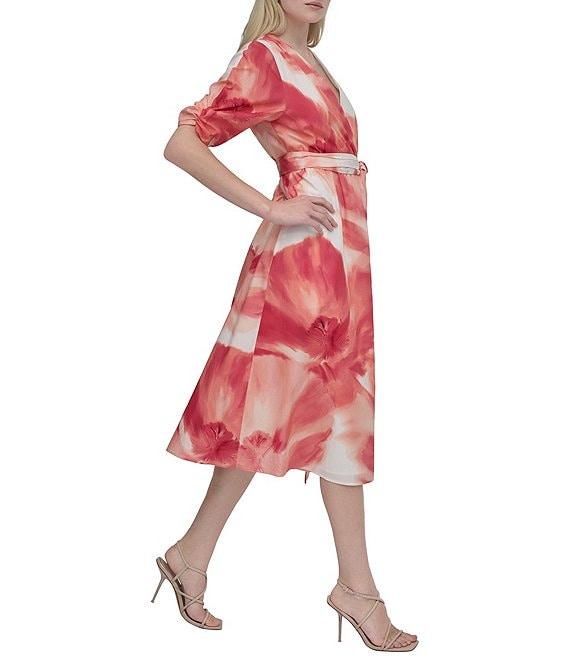 DKNY by Donna Karan Short Sleeve Abstract Floral Print Chiffon Faux Wrap Midi Dress Product Image