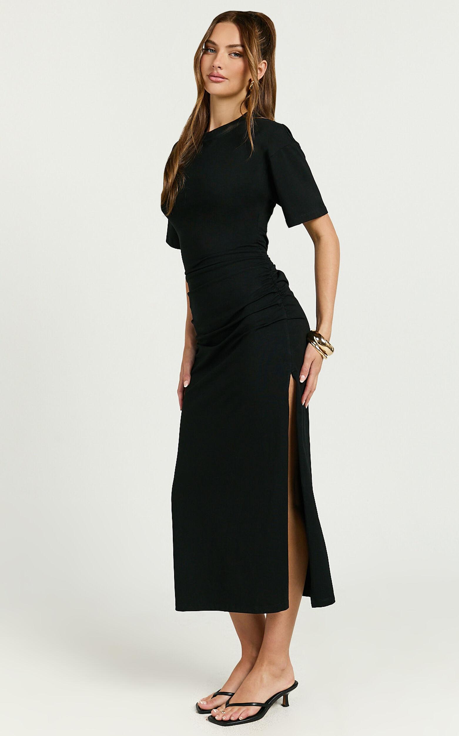 Lizzy Midi Dress - Jersey Ruched Side Split Dress in Black Product Image
